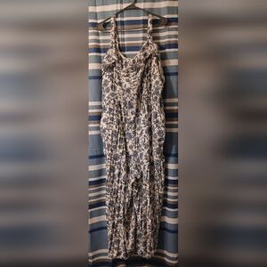 Floral White and Blue Jumpsuit with Ruffled Straps